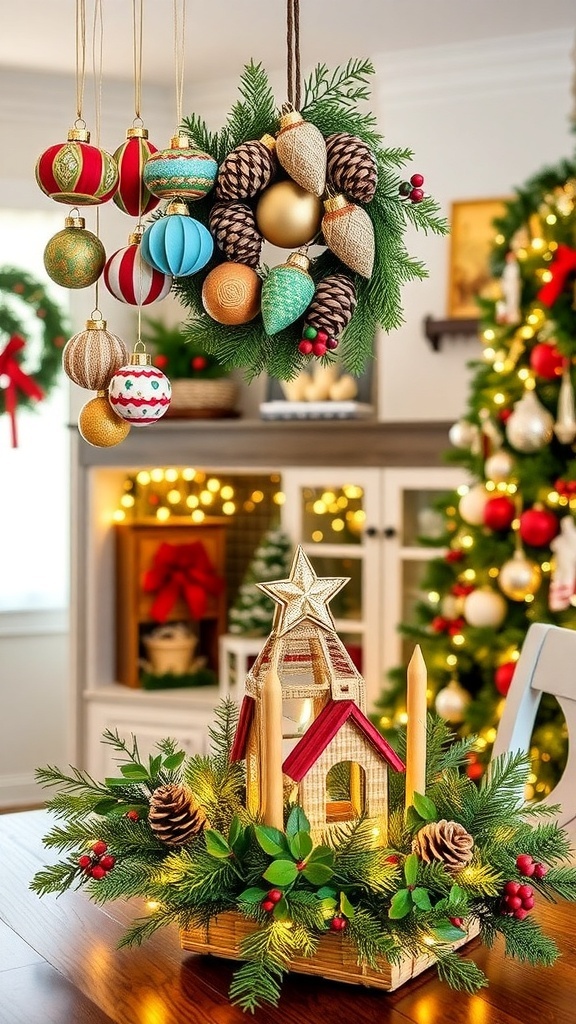 A collection of DIY Christmas decorations featuring ornaments, a wreath, and a festive table centerpiece.